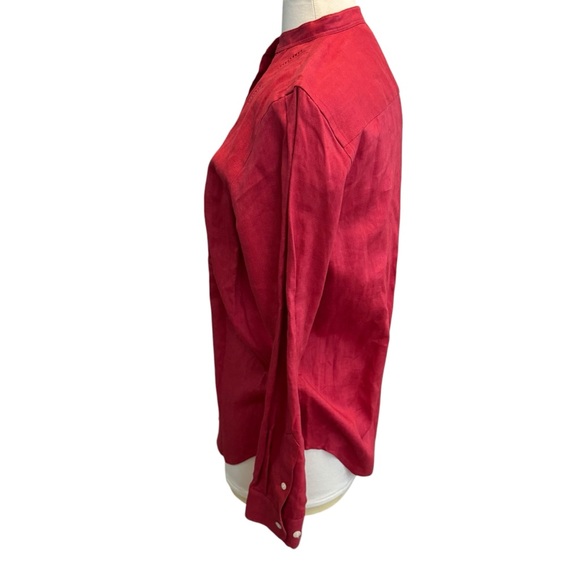 Lauren Ralph Lauren Top Womens Sz Medium Red Linen Pleated Button Up Long Sleeve - Picture 3 of 5